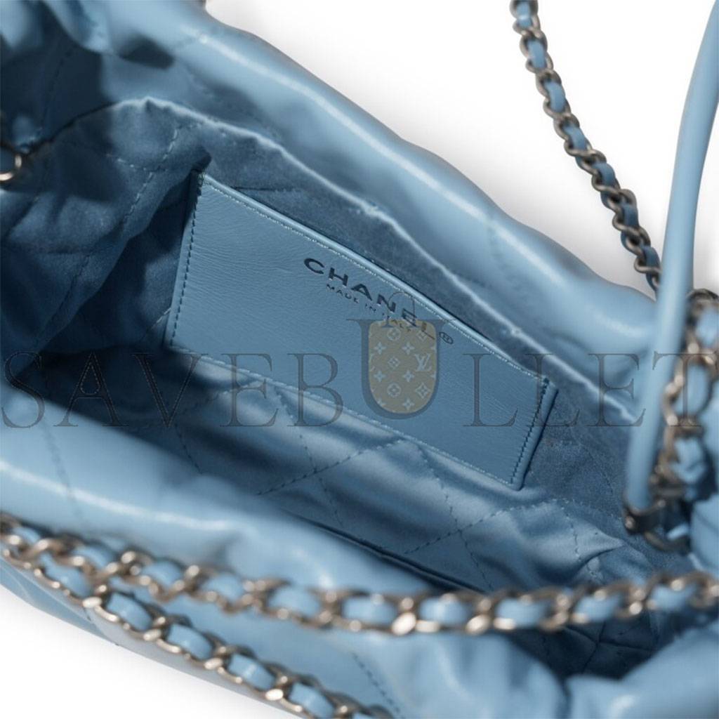 CHANEL LIGHT BLUE QUILTED CALFSKIN MINI 22 BAG SILVER HARDWARE AS3980 (20*19*6cm)